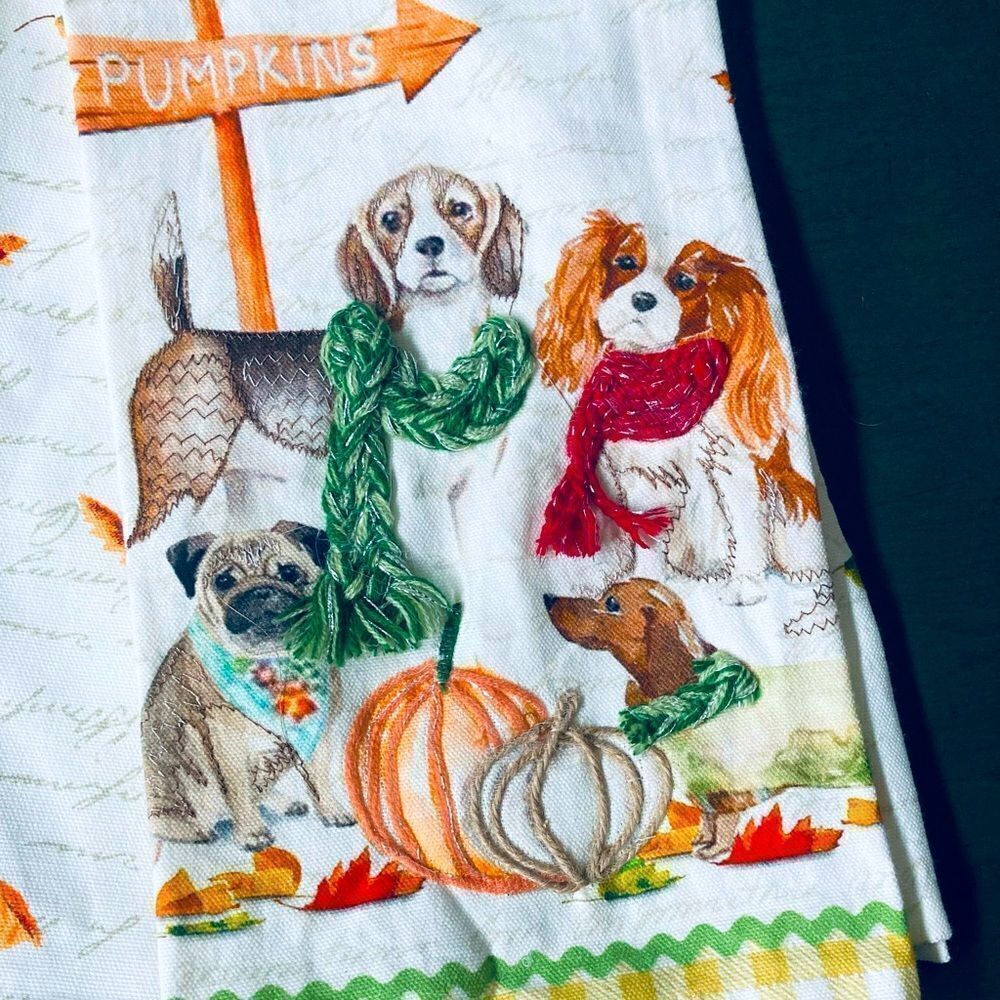 Nicole Miller Autumn Dogs Embroidered Fall Halloween Dish Towels